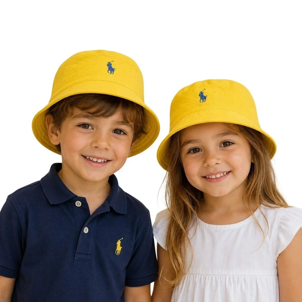 Polo Ralph Lauren Kids Yellow Cotton Bucket Hat Blue Pony Logo Size 4-7  Unisex
